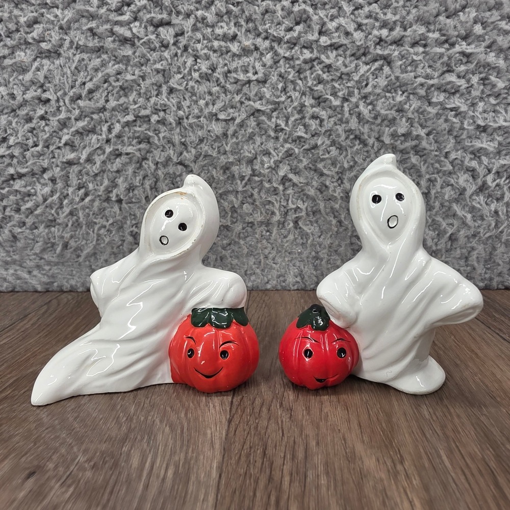 Vintage Halloween‎ Ceramic Ghost Pumpkin Figurines Pair Hand Painted Retro Decor